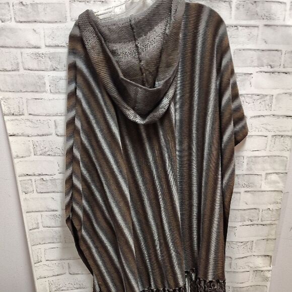 Striped Hooded Poncho with Fringe - Picture 4 of 4